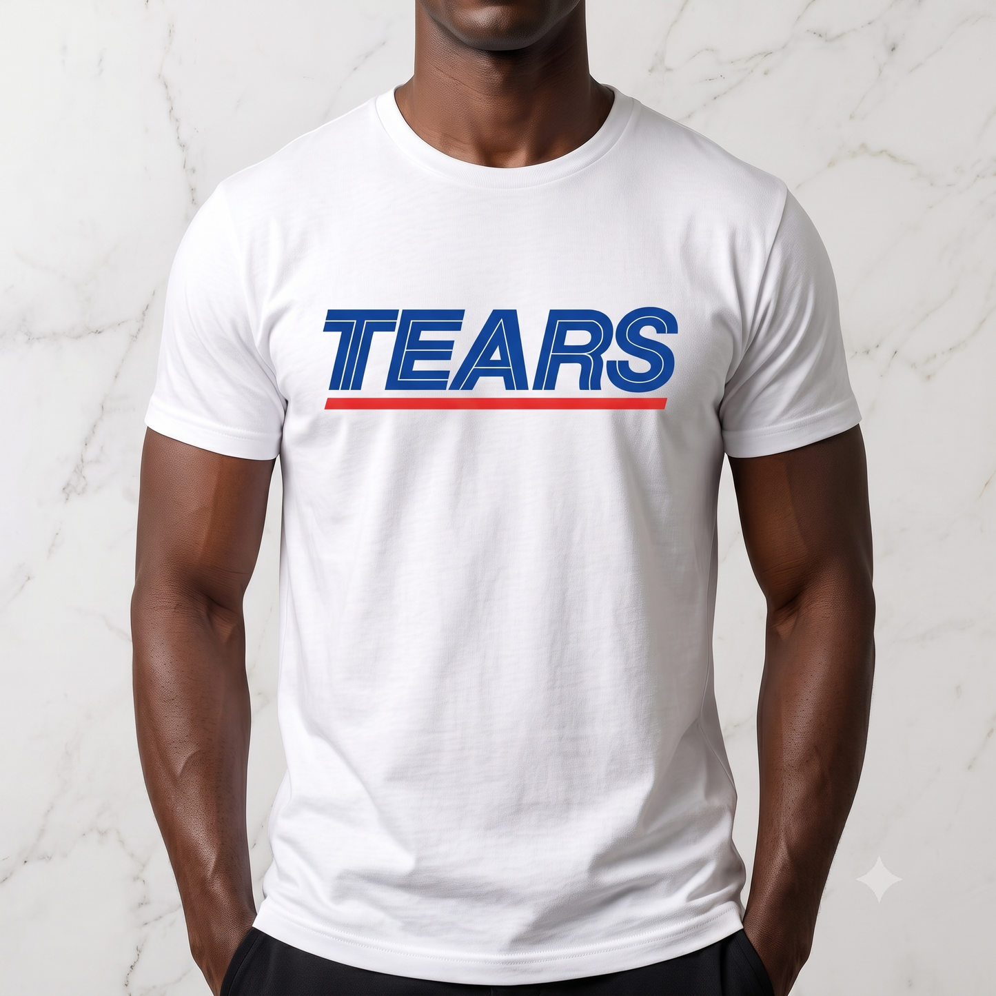Tears for Sears tee in white, front view on male model