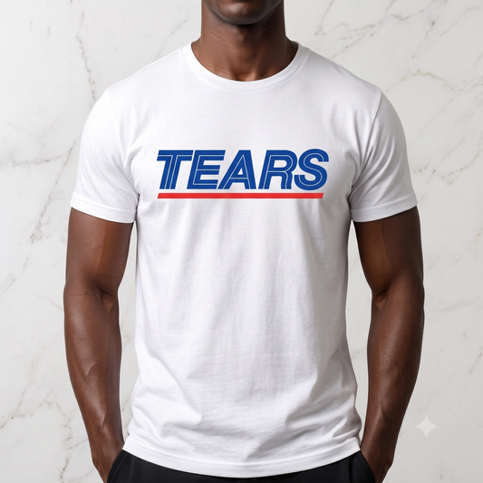 Tears for Sears tee in white, front view on male model