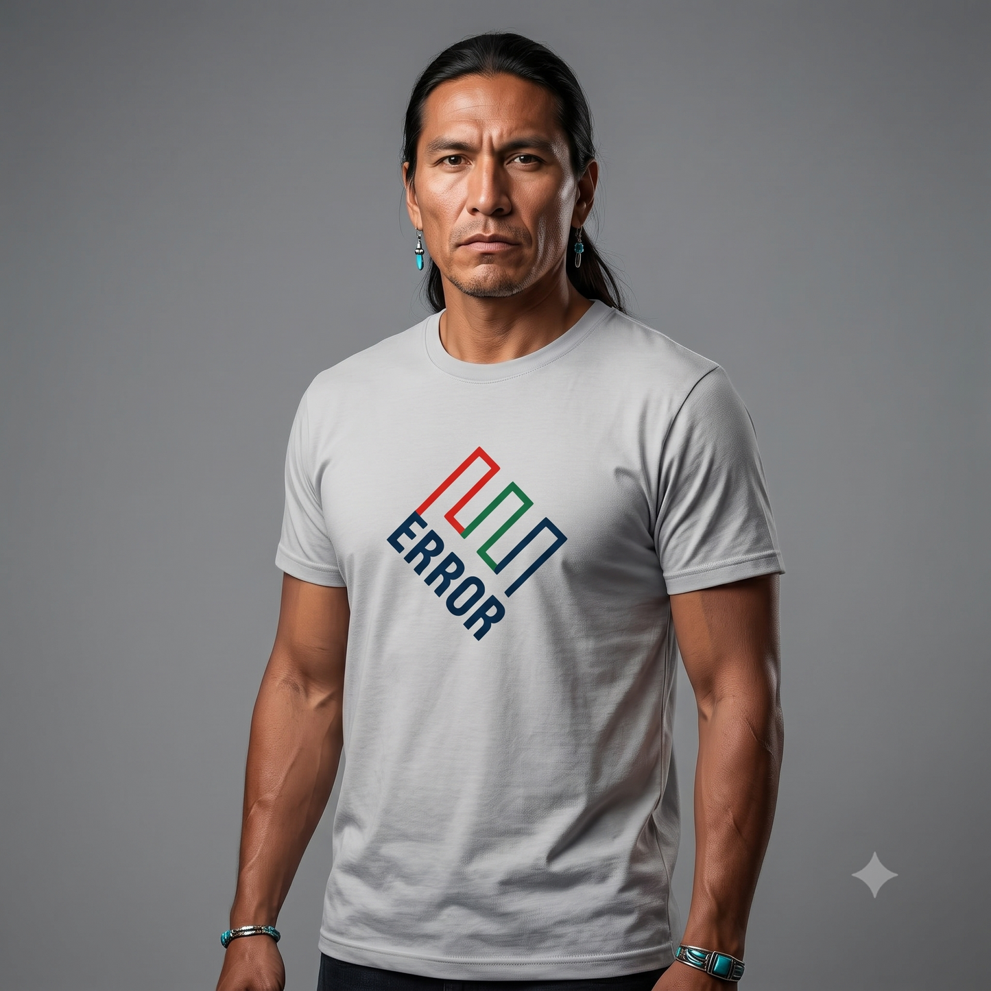 ERROR (Enron) tee in light grey, front view on male model