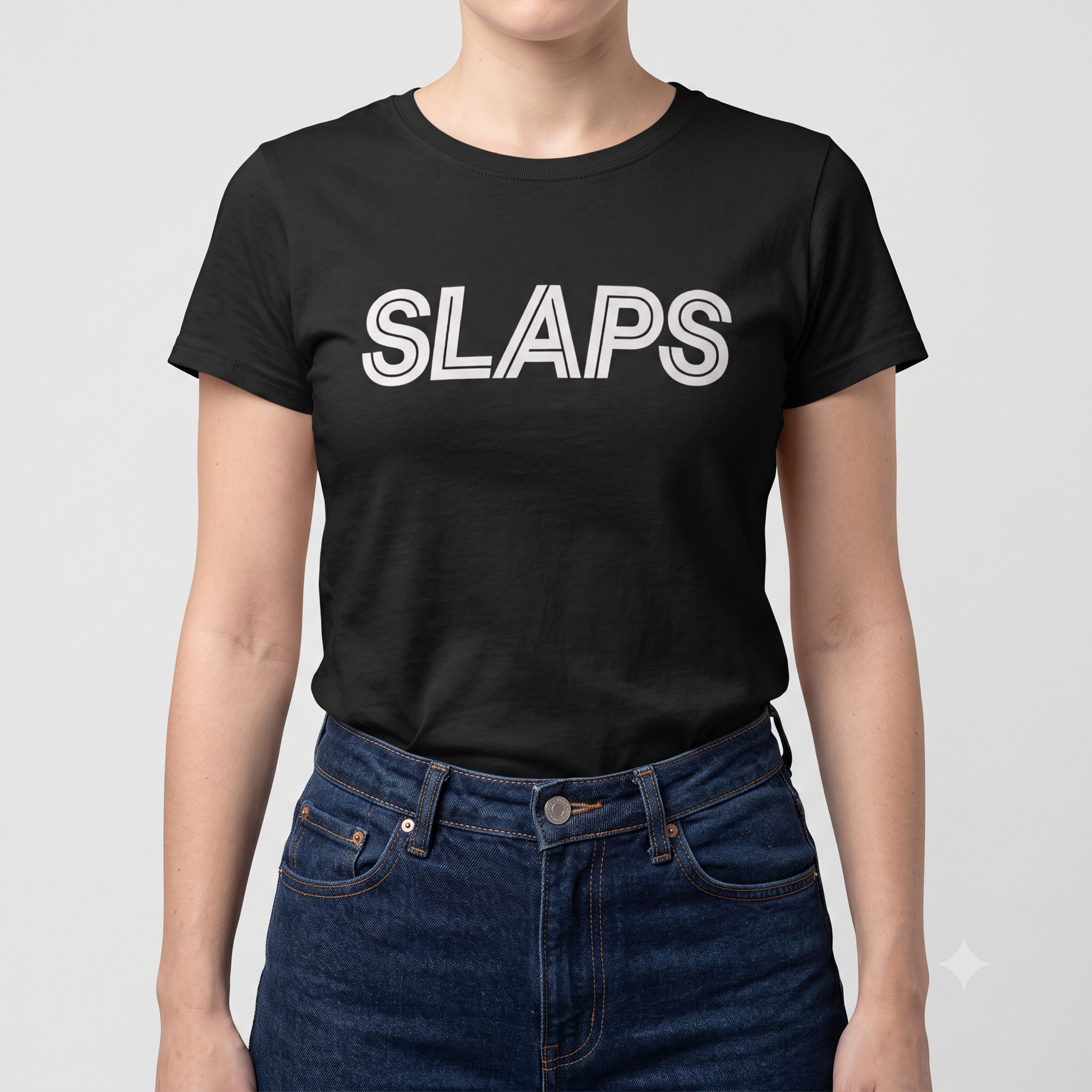 SLAPS Sears Corporate Tee in black, front view on female model