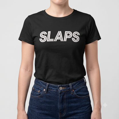 SLAPS Sears Corporate Tee in black, front view on female model
