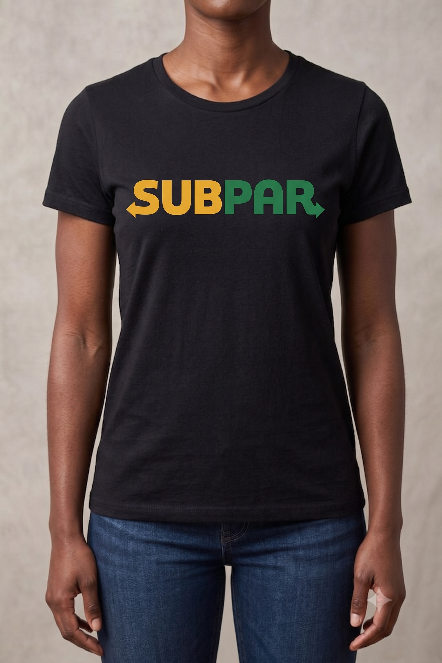 Subpar (Subway) tee in black, front view on female model