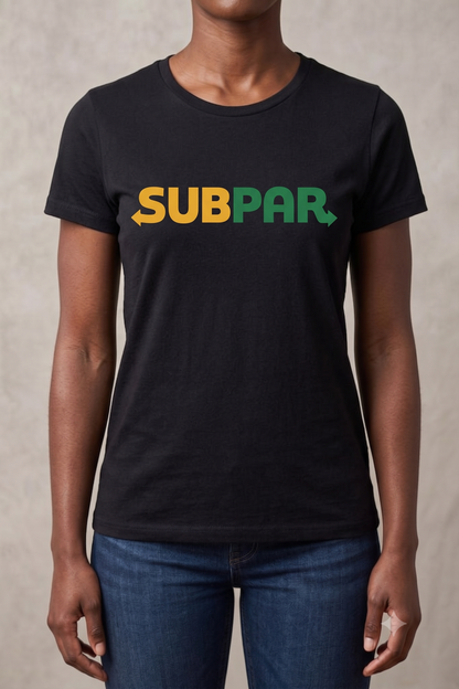 Subpar (Subway) tee in black, front view on female model