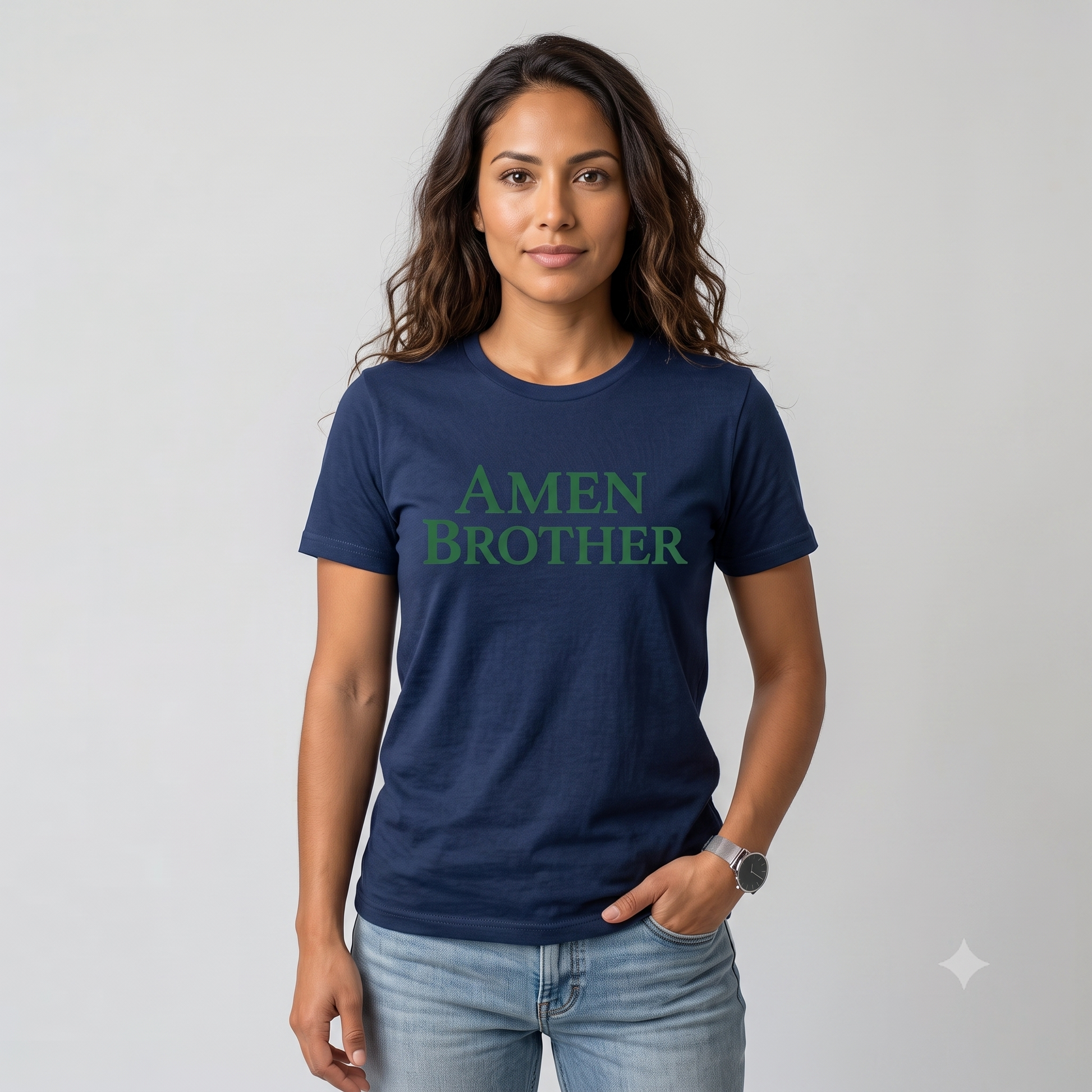 Amen Brother tee in navy, front view on female model