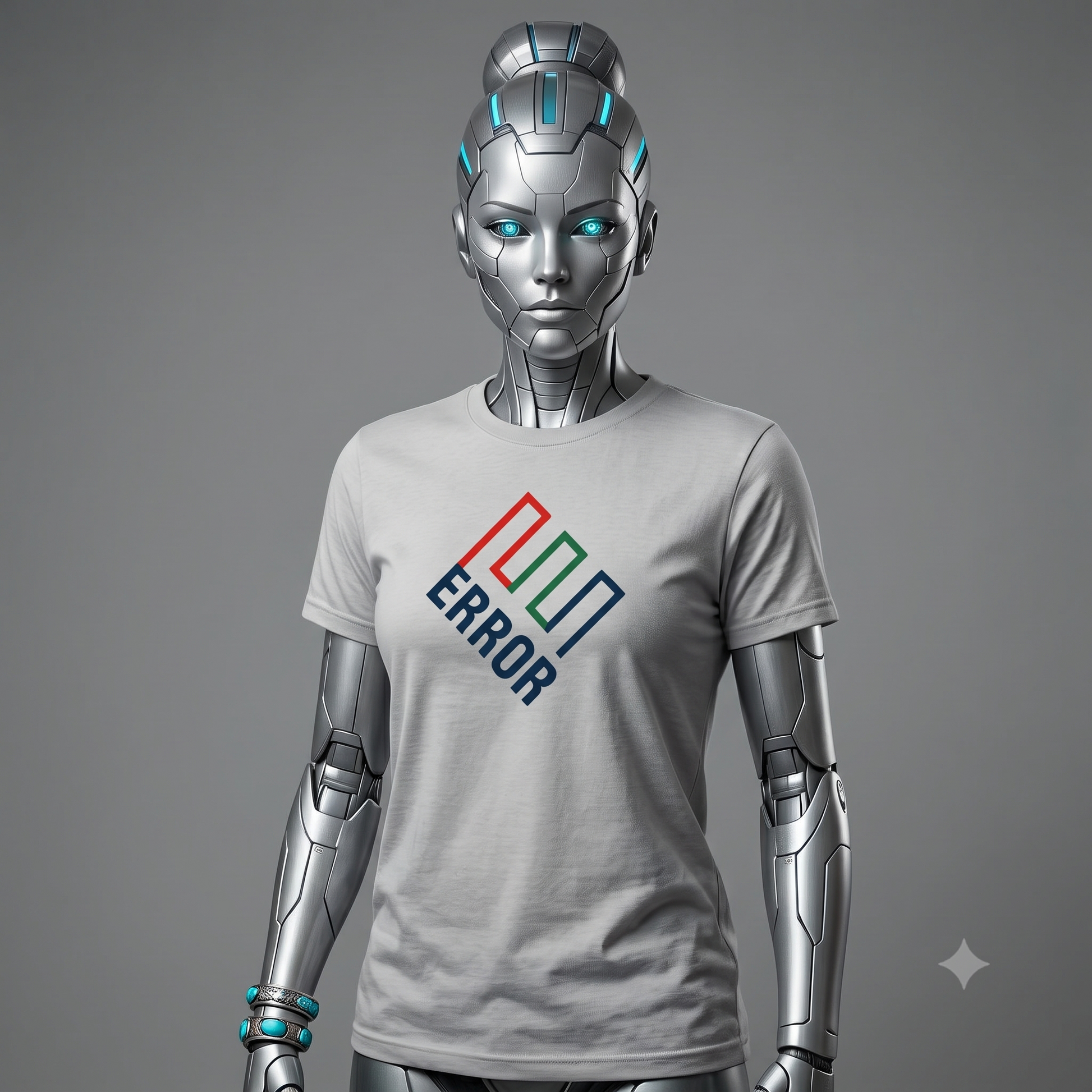 ERROR (Enron) tee in light grey, front view on female model