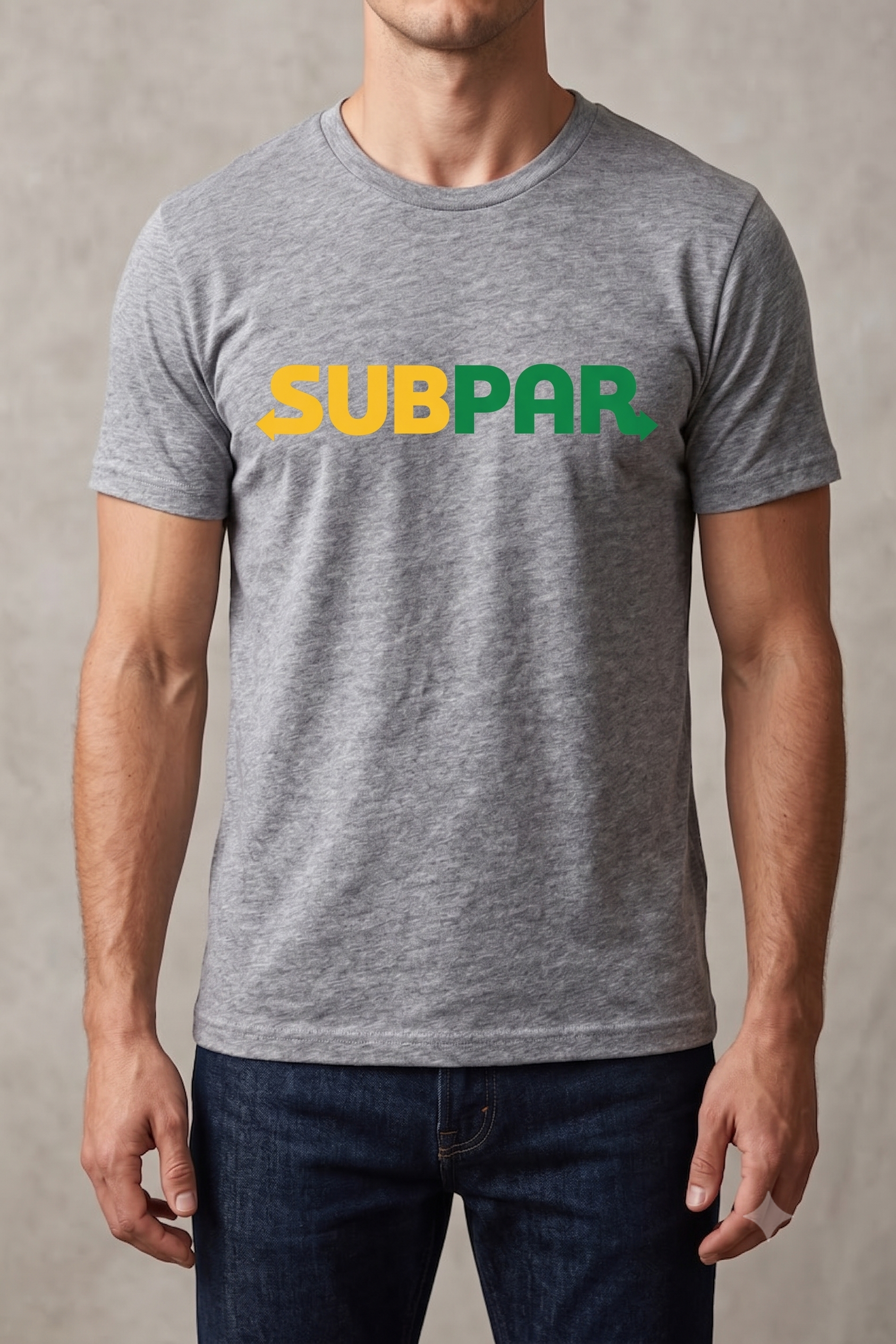 Subpar (Subway) tee in grey, front view on male model