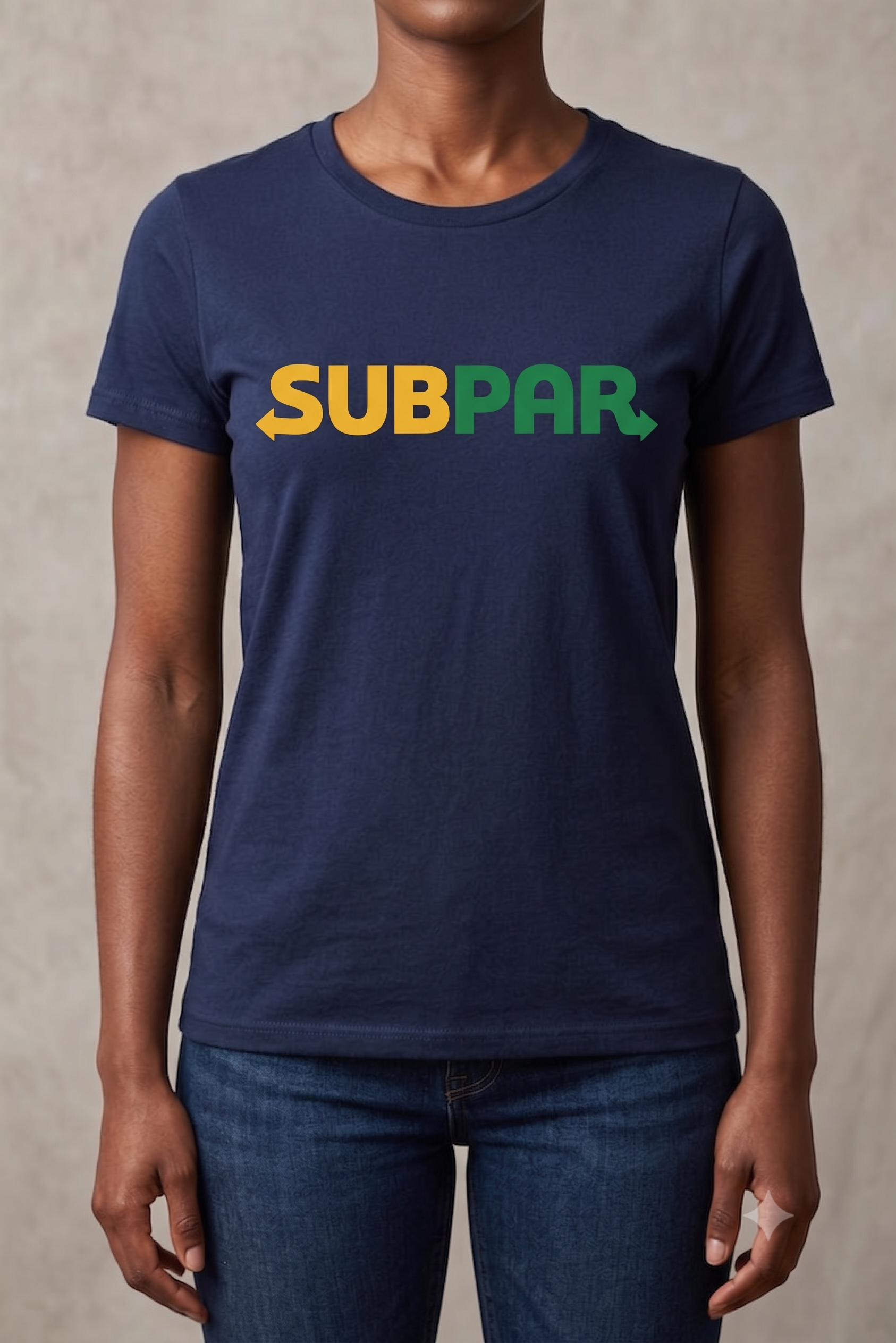 Subpar (Subway) tee in navy, front view on female model