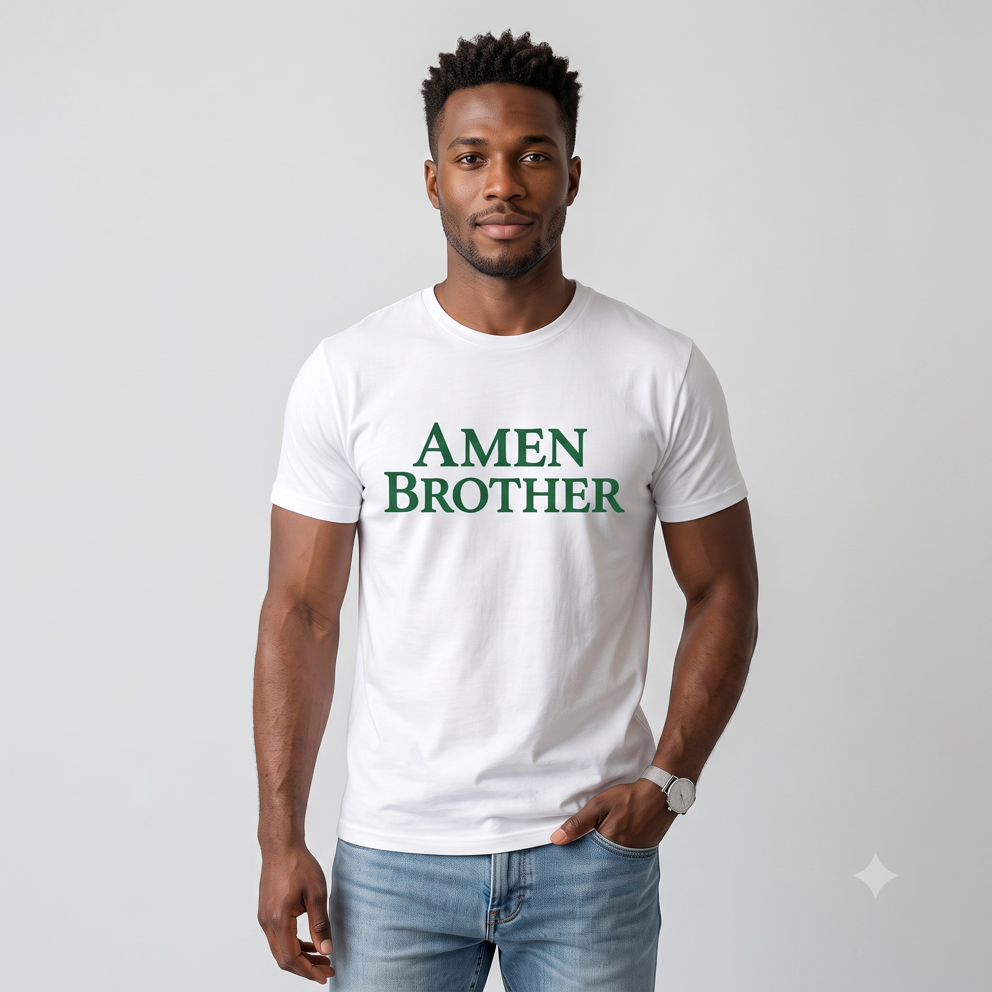 Amen Brother tee in white, front view on male model