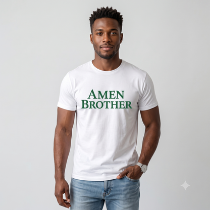 Amen Brother tee in white, front view on male model