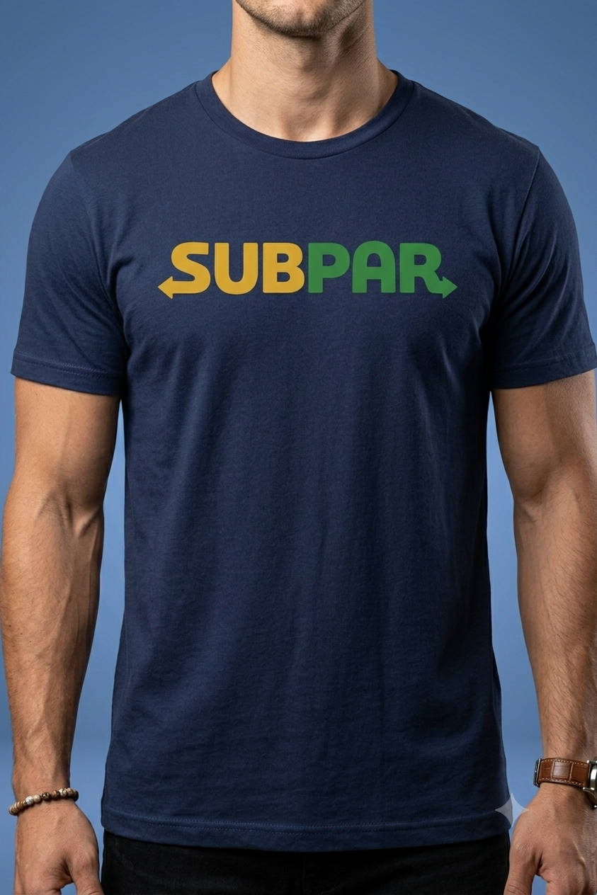 Subpar (Subway) tee in navy, front view on male model