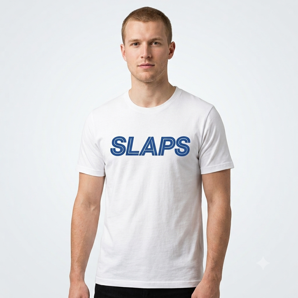 SLAPS Sears Corporate Tee in white, front view on male model