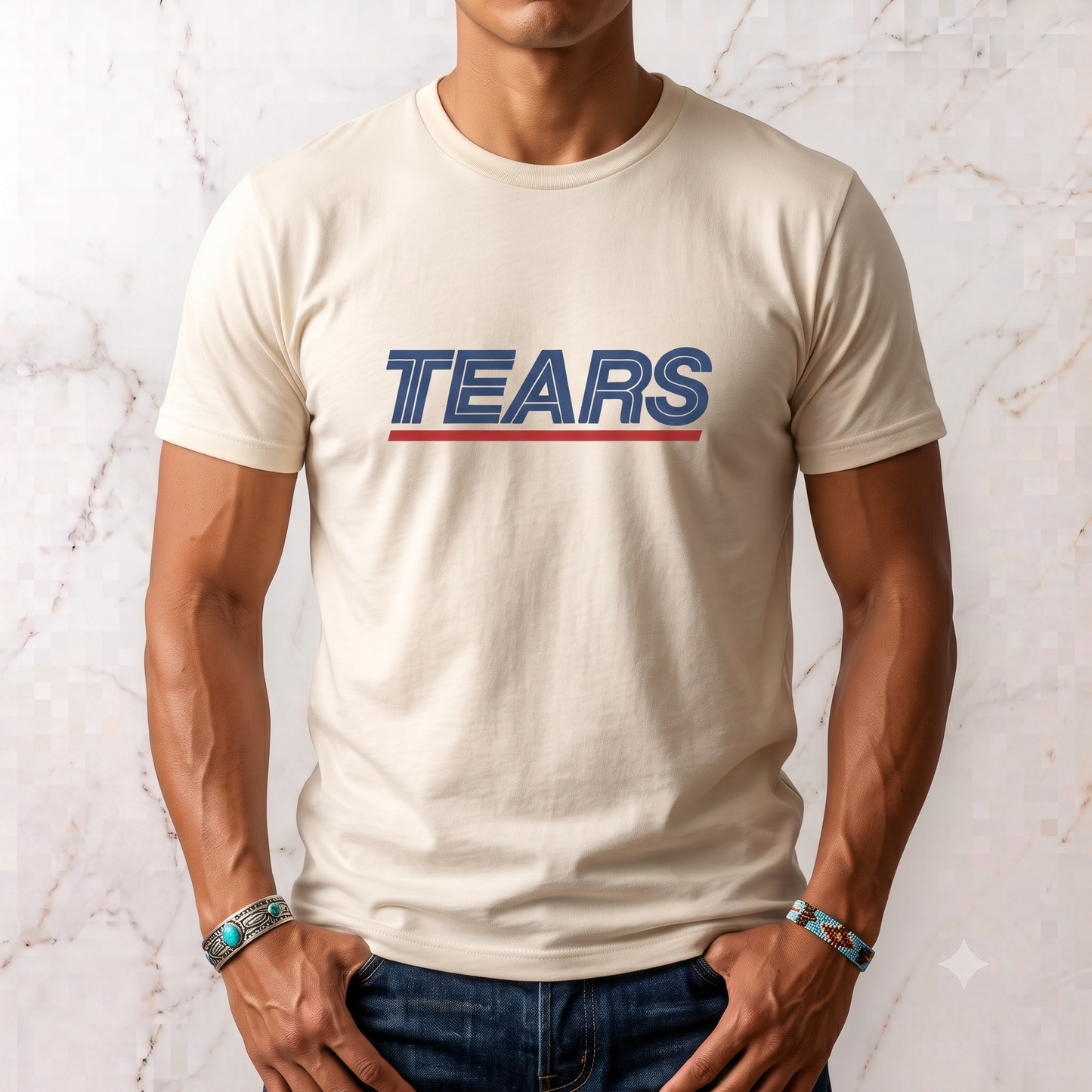 Tears for Sears tee in cream, front view on male model