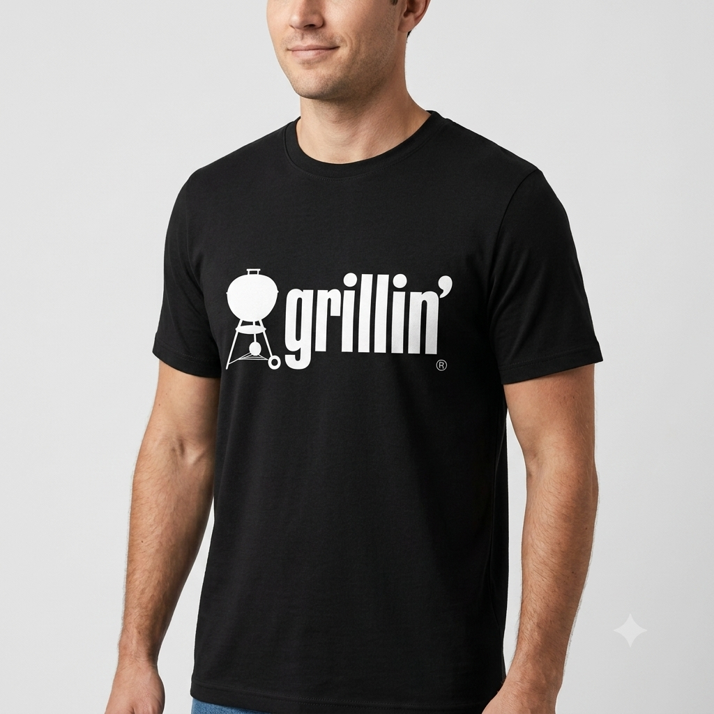 Grillin' (Weber) tee in black, front view on male model