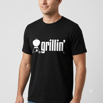 Grillin' (Weber) tee in black, front view on male model