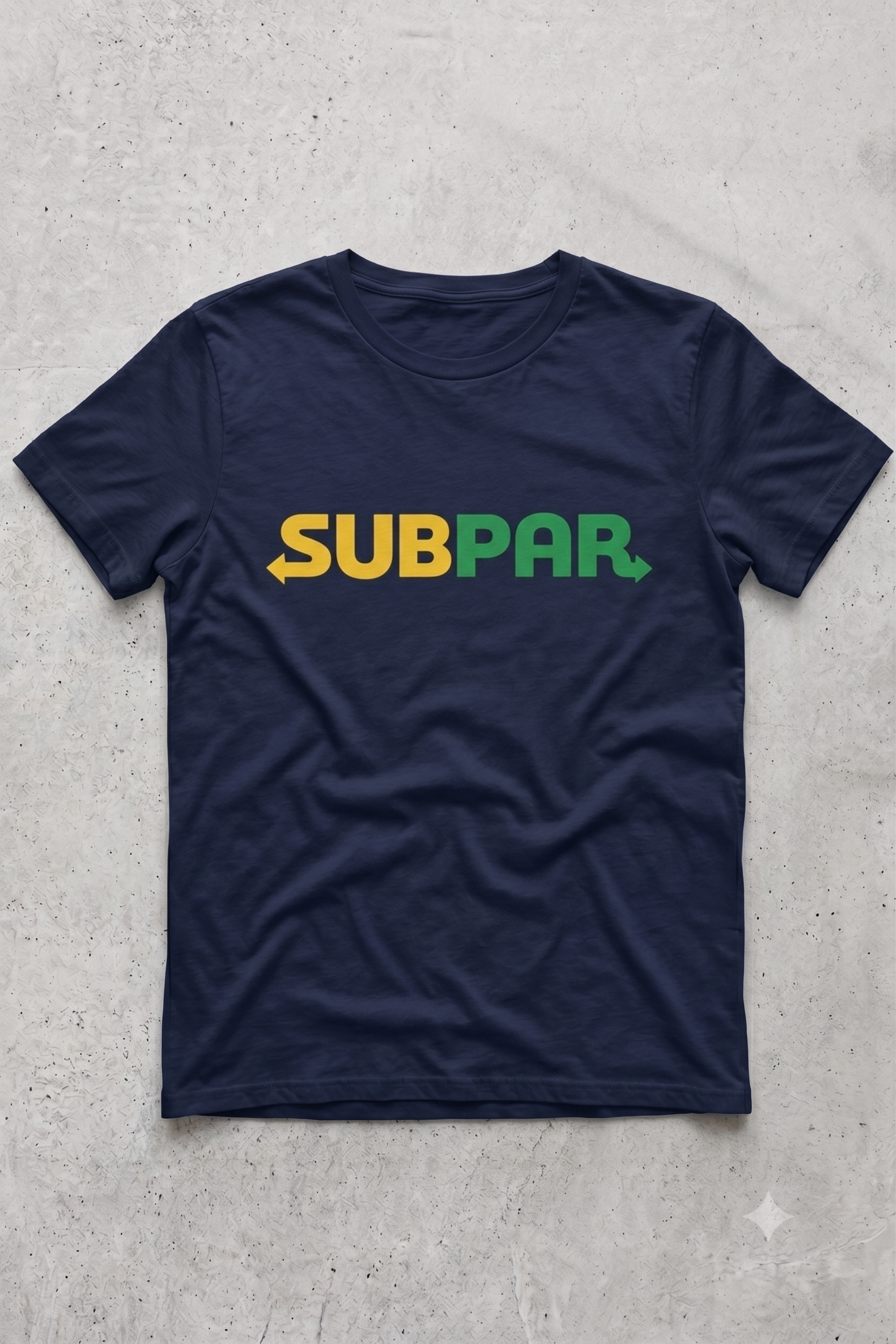 Subpar (Subway) tee in navy, flat lay (alternate angle)