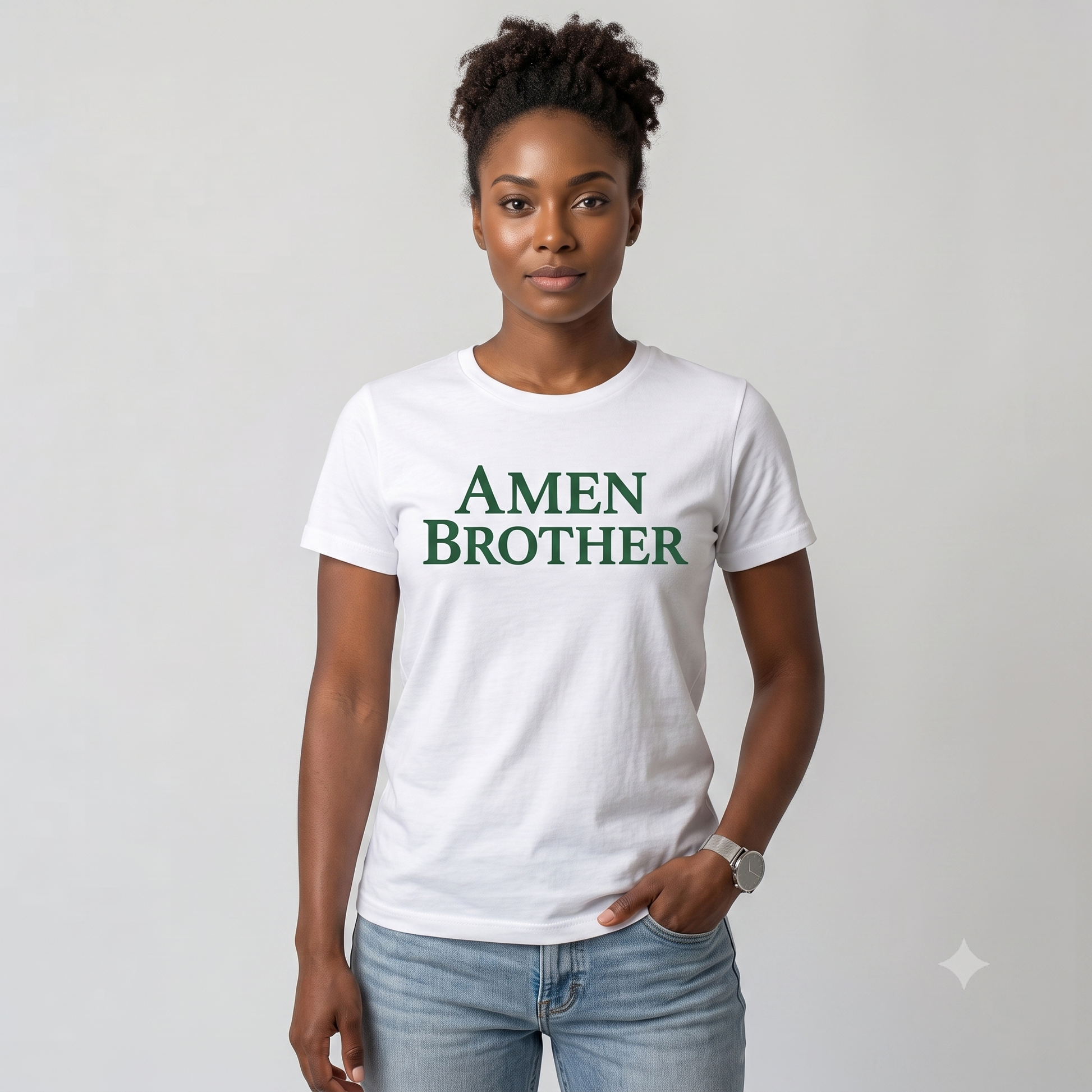 Amen Brother tee in white, front view on female model (alternate)