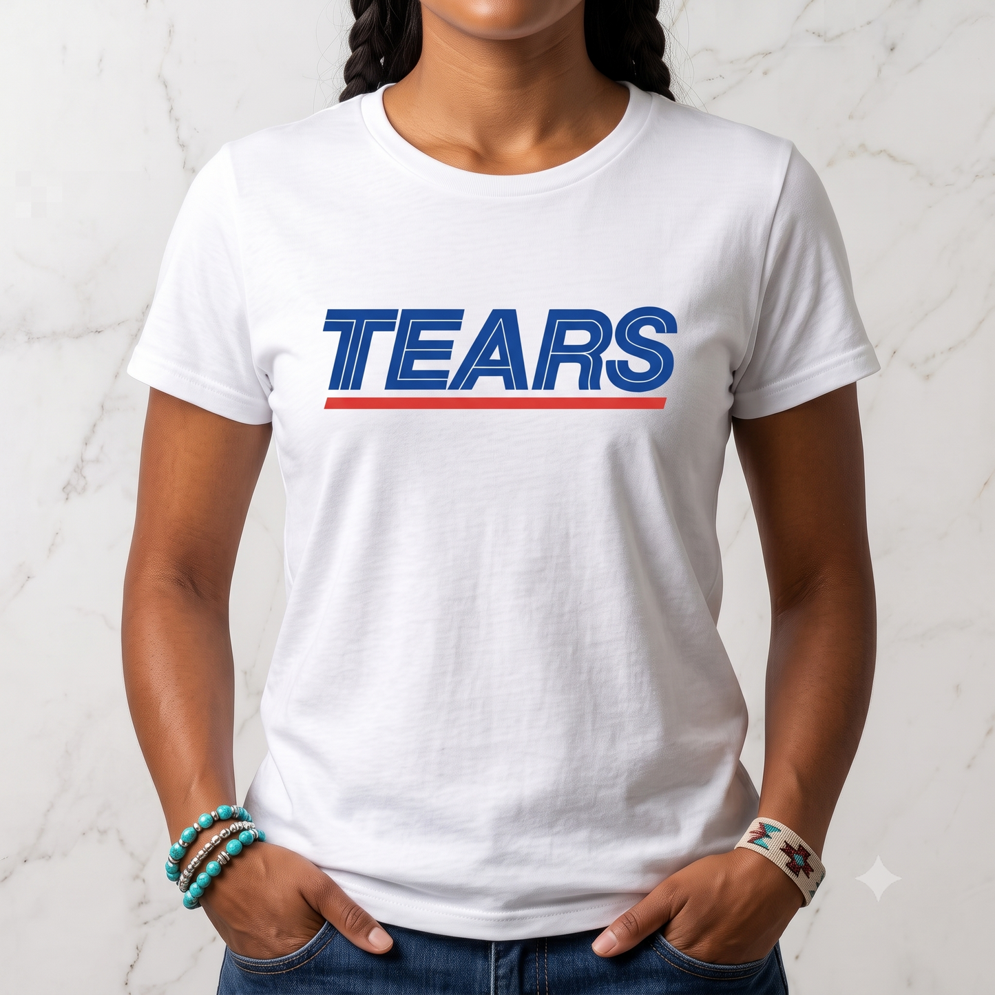 Tears for Sears tee in white, front view on female model