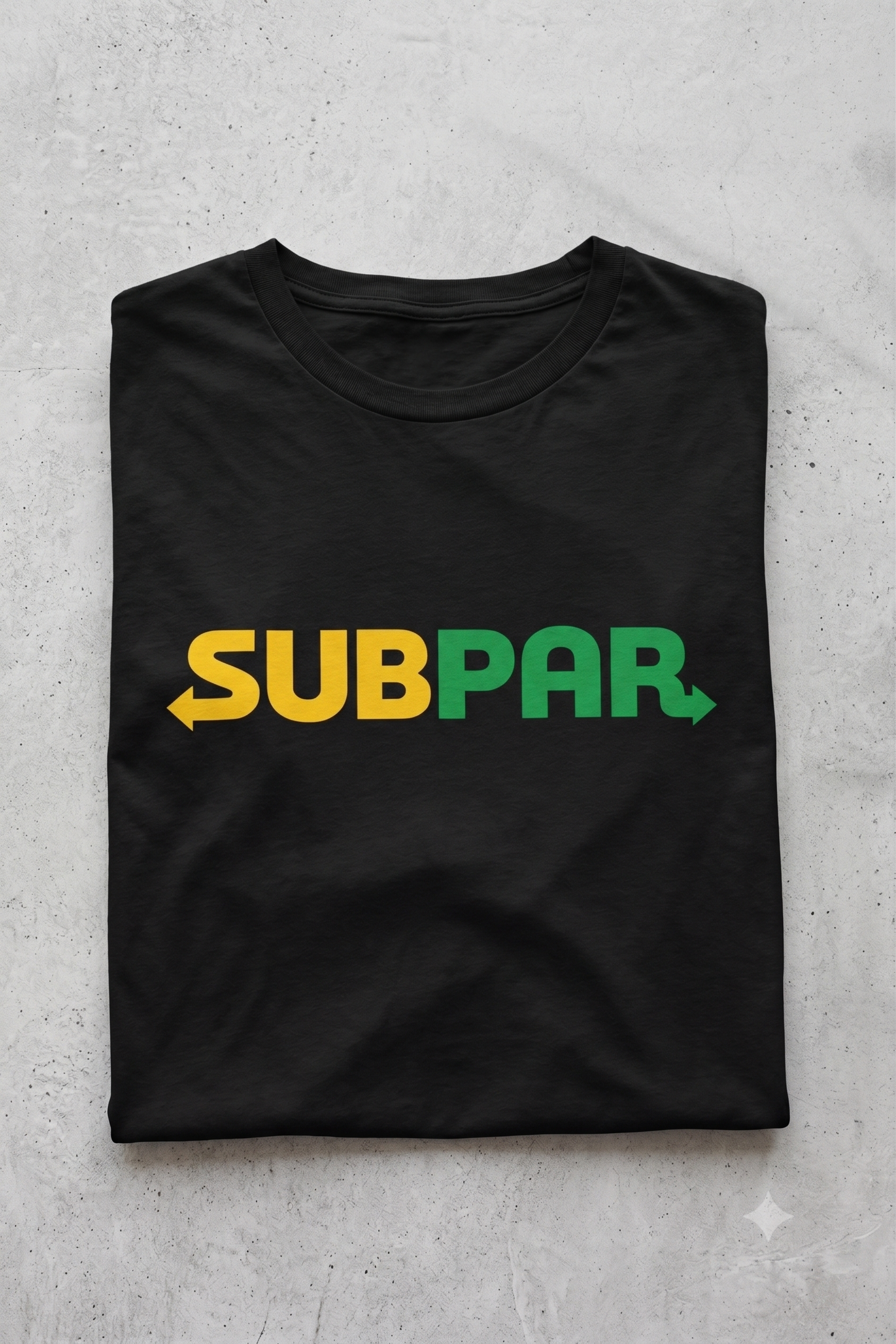Subpar (Subway) tee in black, folded flat lay