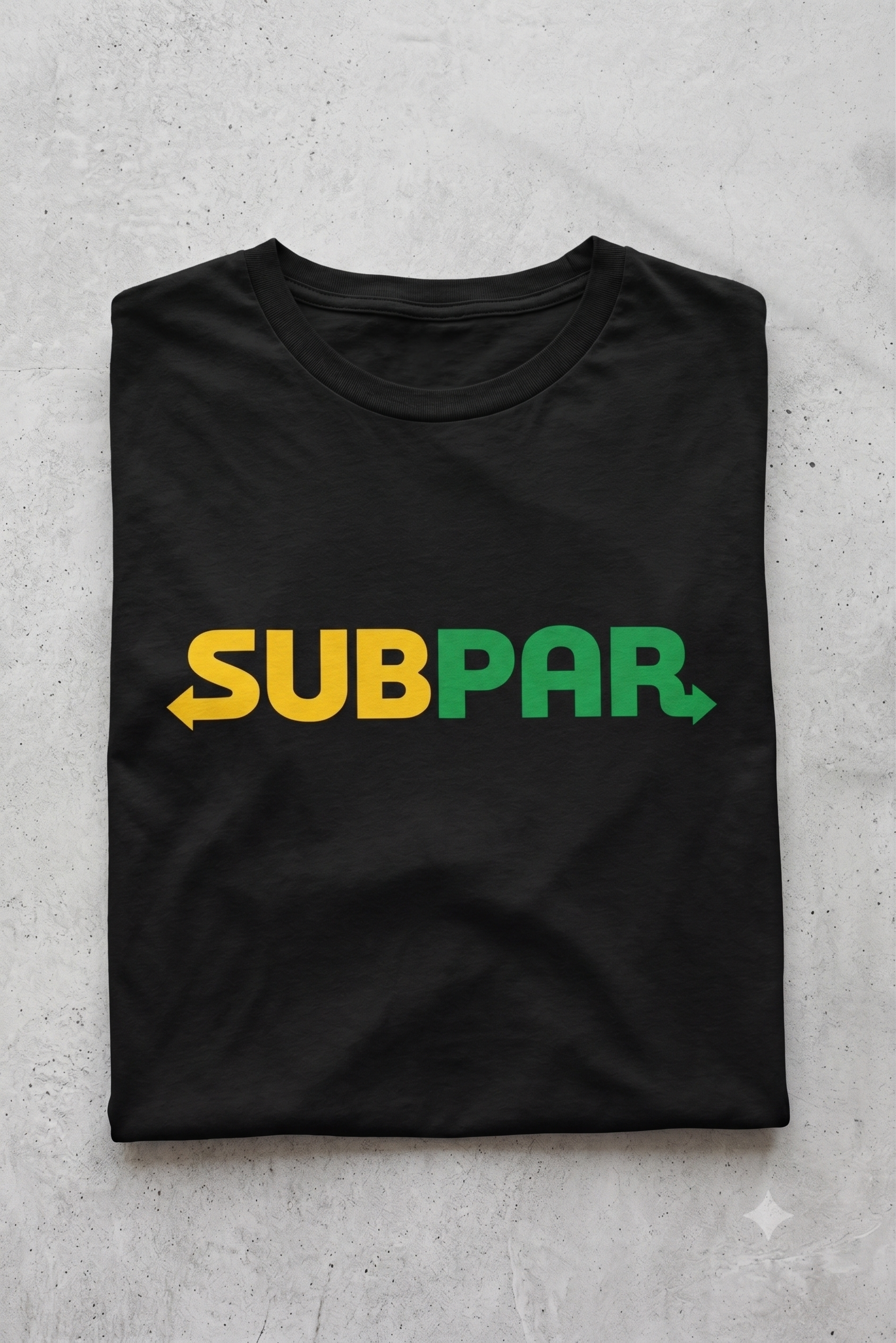 Subpar (Subway) tee in black, folded flat lay