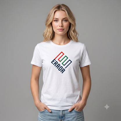 ERROR (Enron) tee in white, front view on female model