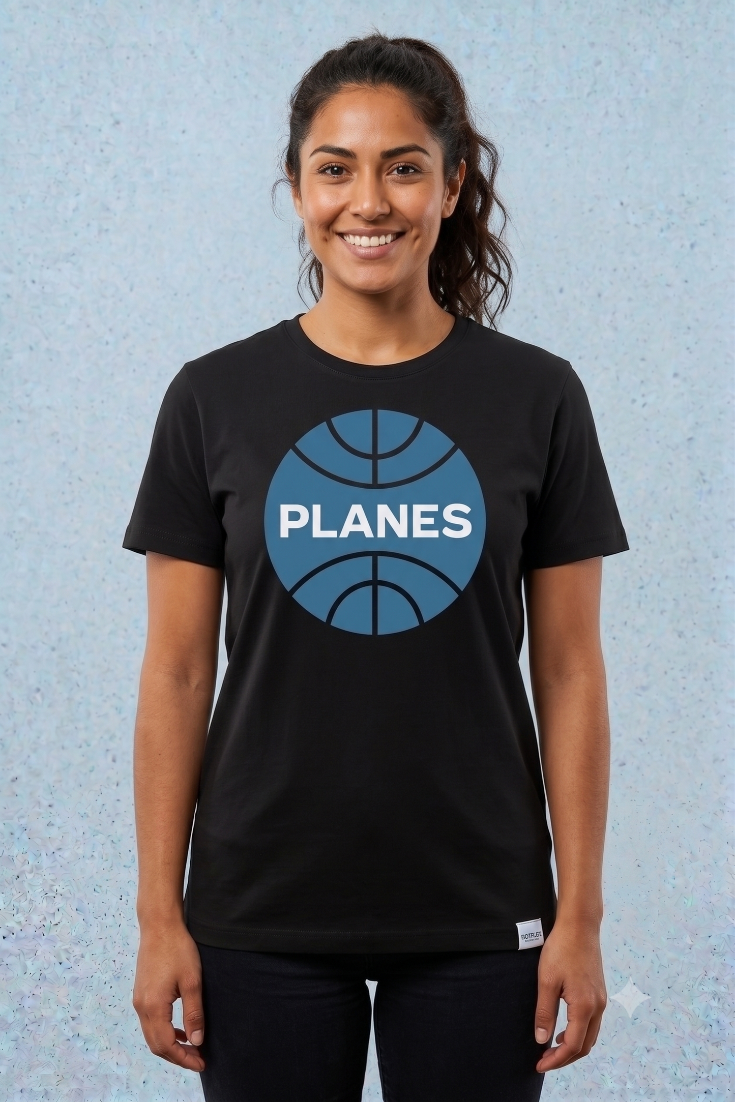 PLANES (Pan Am) tee in black, front view on female model
