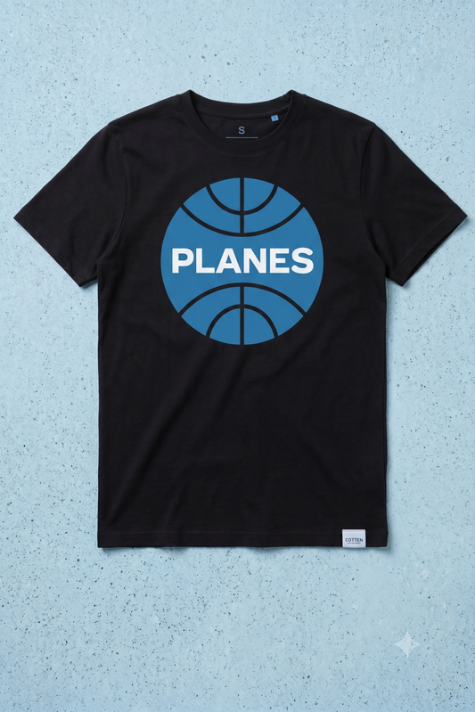 PLANES (Pan Am) tee in black, flat lay