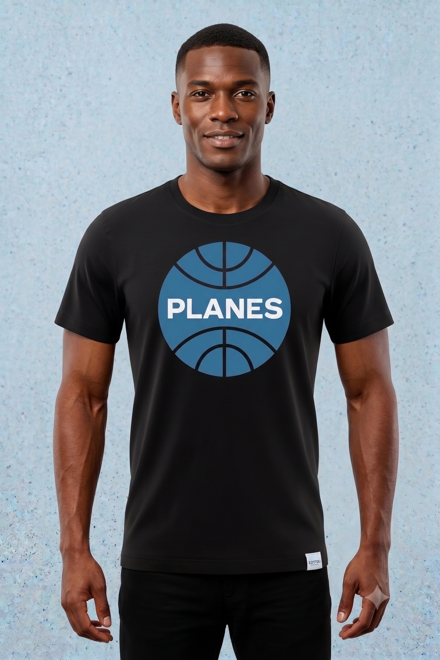 PLANES (Pan Am) tee in black, front view on male model