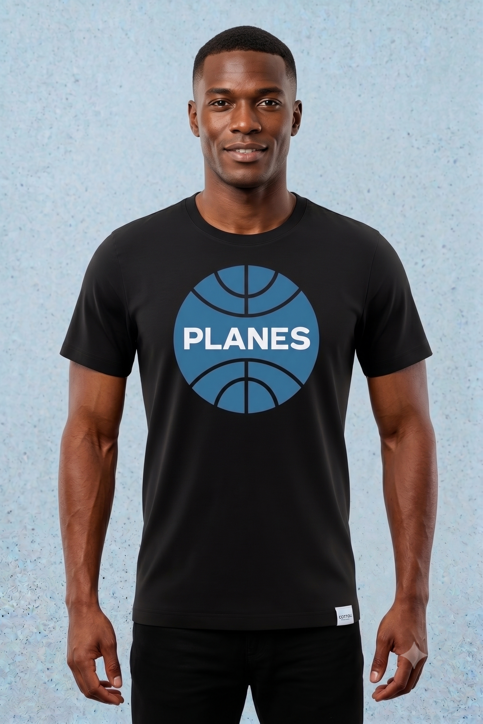 PLANES (Pan Am) tee in black, front view on male model
