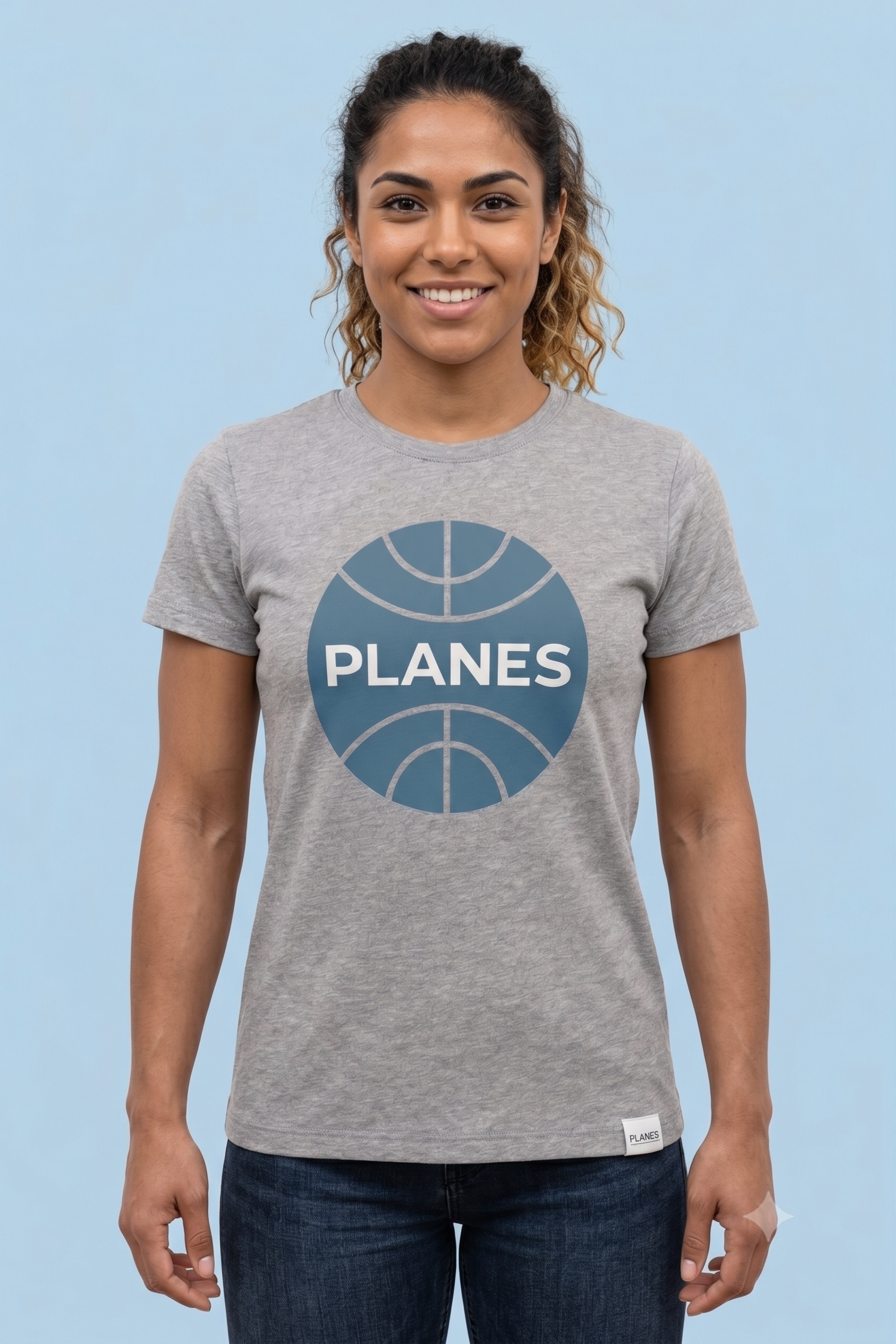 PLANES (Pan Am) tee in grey, front view on female model