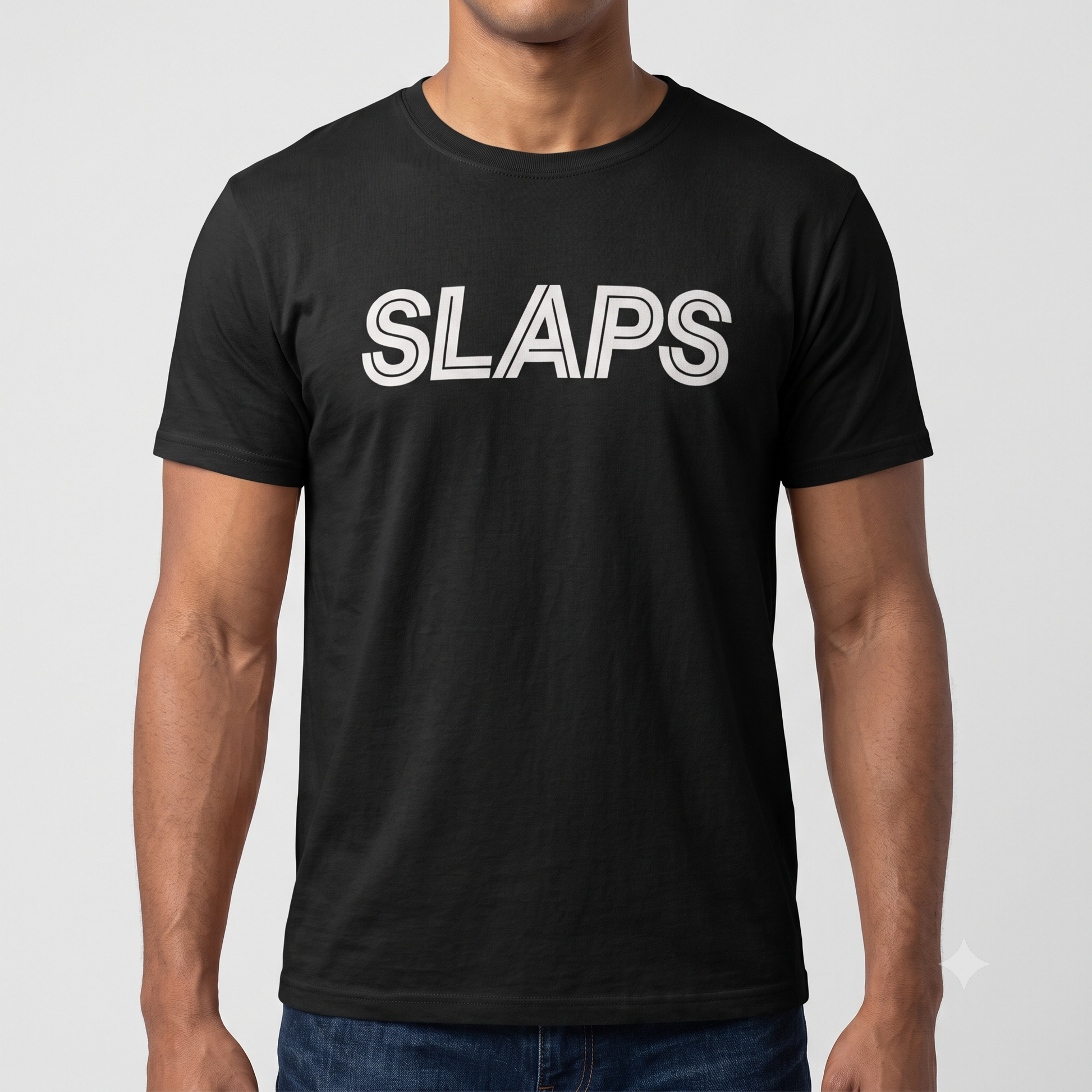 SLAPS Sears Corporate Tee in black, front view on male model