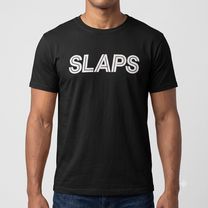 SLAPS Sears Corporate Tee in black, front view on male model