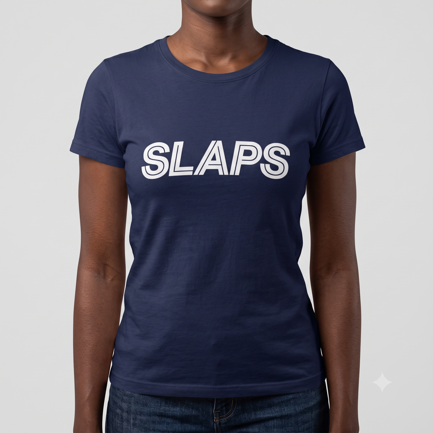 SLAPS Sears Corporate Tee in navy, front view on female model