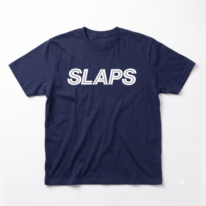 SLAPS Sears Corporate Tee in navy, flat lay