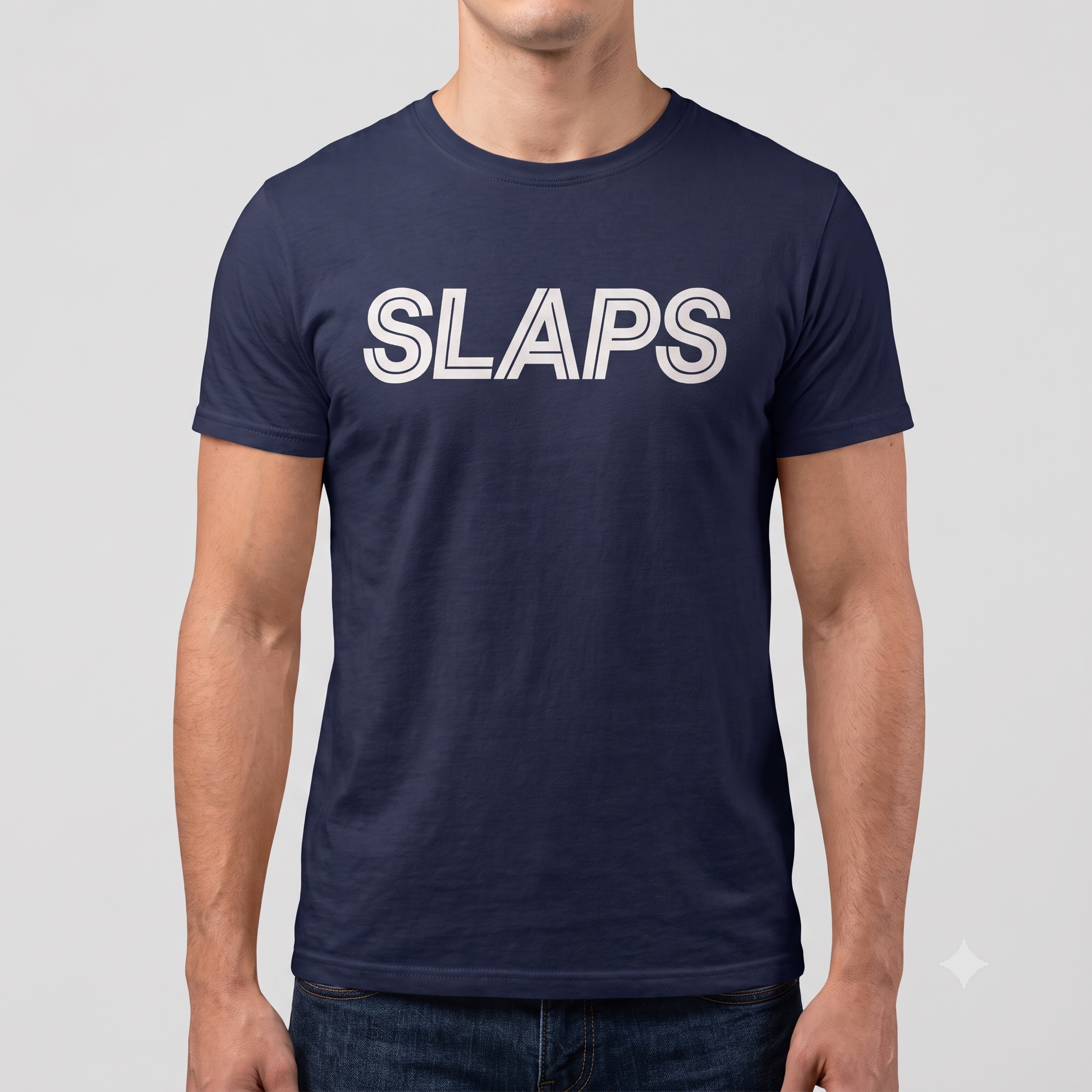 SLAPS Sears Corporate Tee in navy, front view on male model